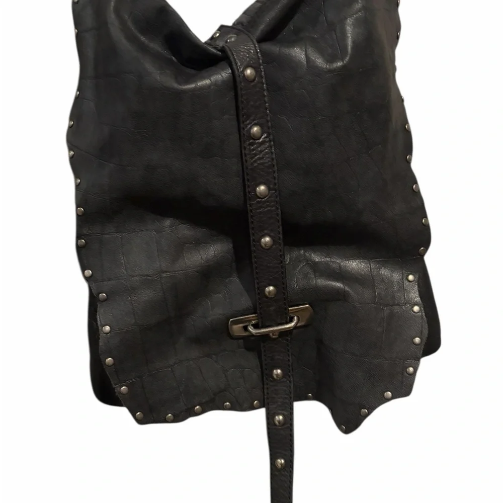 ABS Allen Schwartz Black Crocodile-Embossed Leather Studded Crossbody Bag - Picture 2 of 4